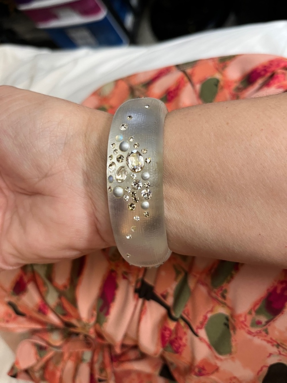 Alexis Bittar Frosted Clear Resin Bangle with Crystal and Pearl Cluster - Picture 8 of 9